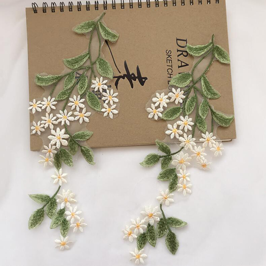 Embroidery Daisy Flower - 1Pairs Green Leaf Daisy Flower Patch
