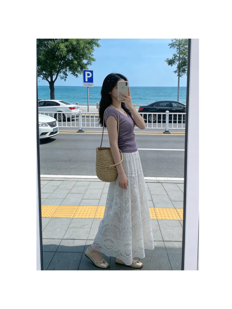 plus Size Lace Trim Mesh Half  - Embroidery Skirt 评论和价格