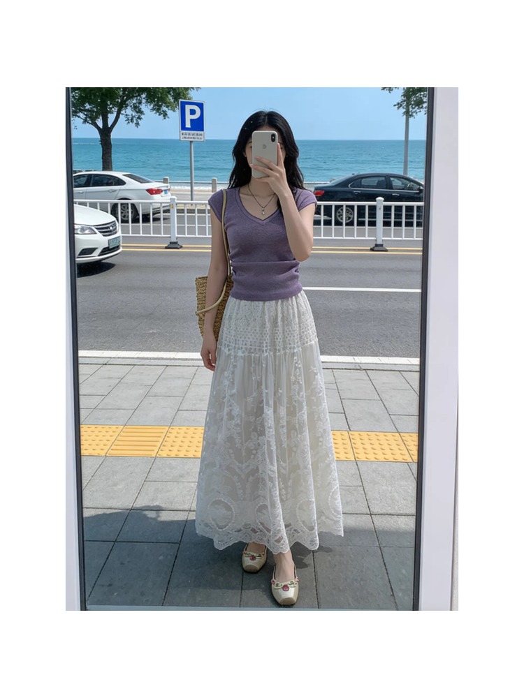 plus Size Lace Trim Mesh Half  - Embroidery Skirt 评论和价格
