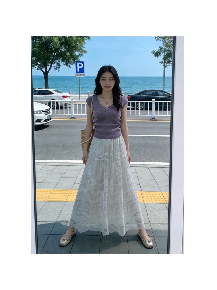plus Size Lace Trim Mesh Half  - Embroidery Skirt 评论和价格