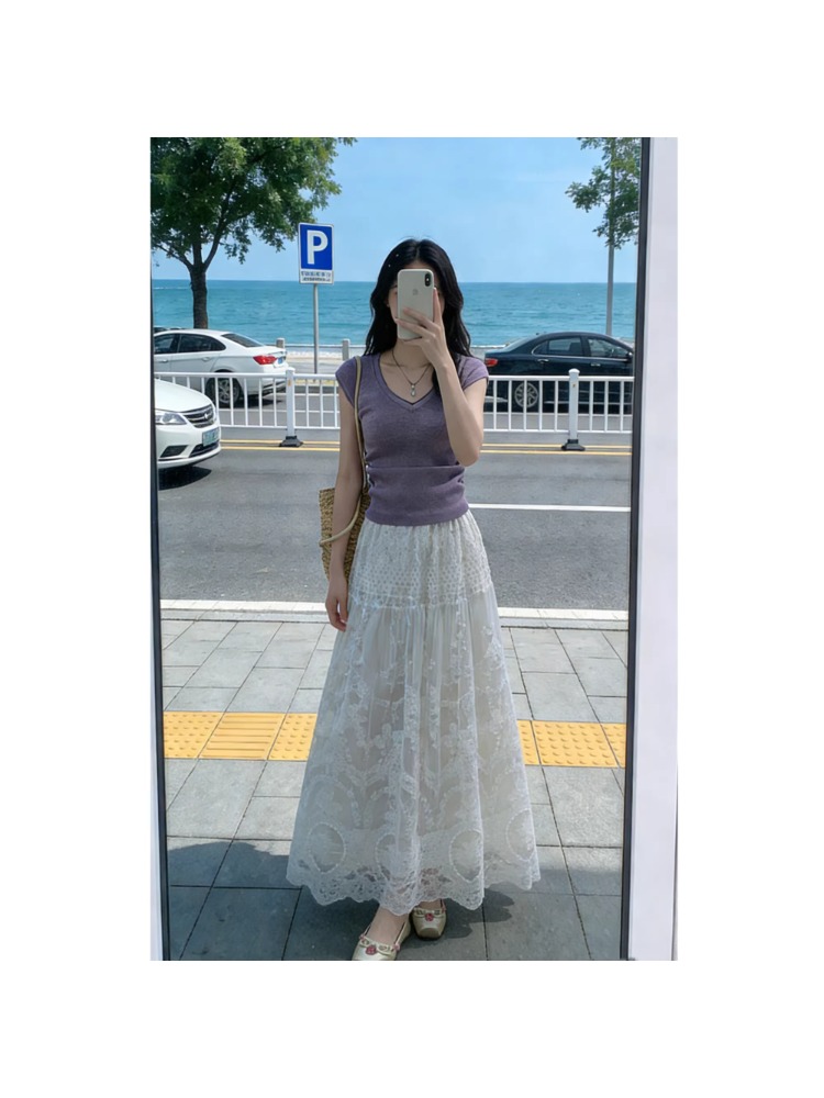 plus Size Lace Trim Mesh Half  - Embroidery Skirt 评论和价格