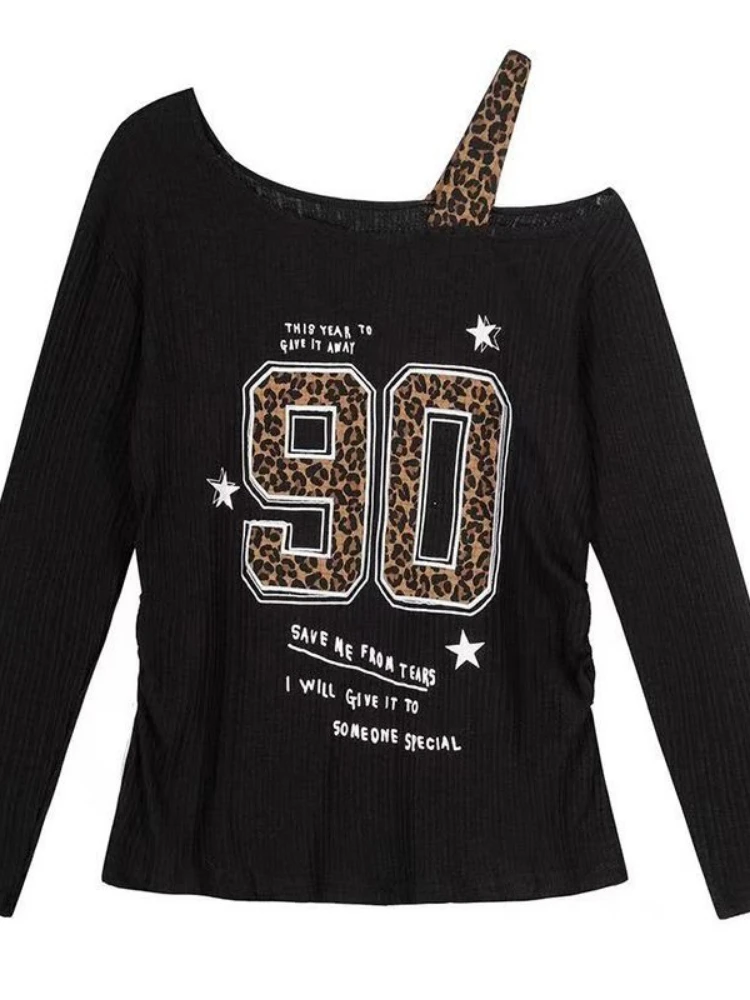 Y2K Patchwork Leopard Print T- - Embroidery Print 评论和价格