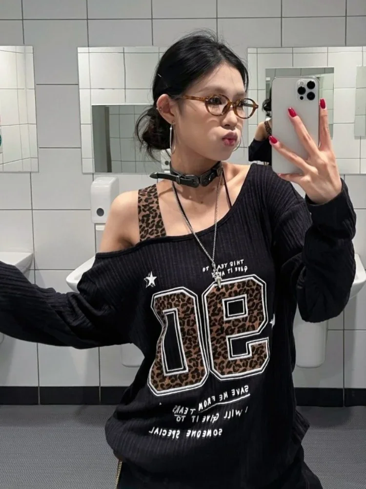 Y2K Patchwork Leopard Print T- - Embroidery Print 评论和价格