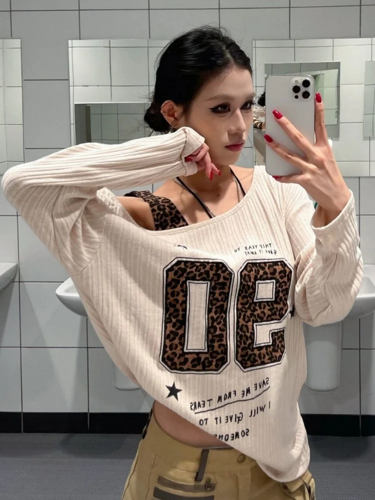 Y2K Patchwork Leopard Print T- - Embroidery Print 评论和价格