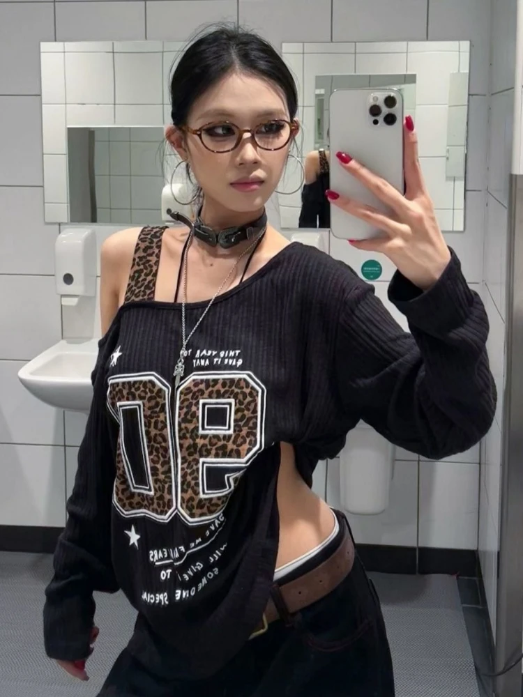 Y2K Patchwork Leopard Print T- - Embroidery Print 评论和价格